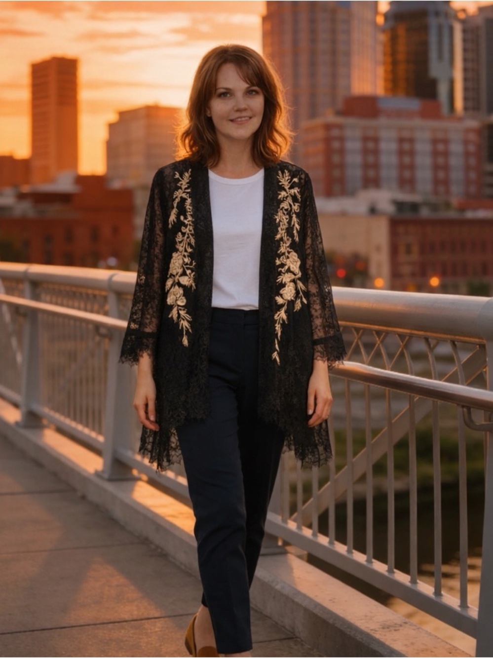 NWOT JOHNNY WAS BIYA Black Lace Kimono with Gold Floral Embroidery S
